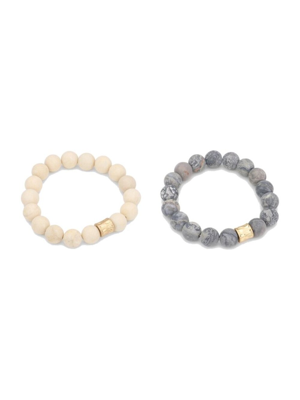 2 Bracelet Set - Ivory Magnesite and Gray Picasso Jasper Stone Stretch Bracelets